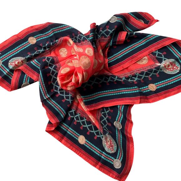 Elaine Gold designer silk scarf 1980’s orange gold coins medallions 29” square - Picture 8 of 9